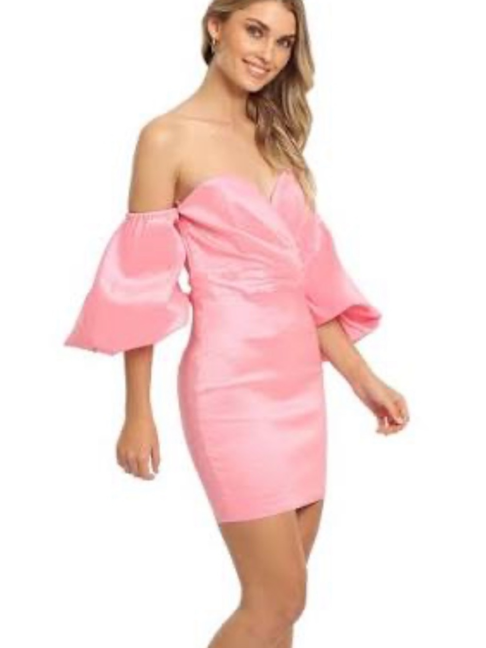 Strapless Pink Satin Mini Dress with Puff Sleeves